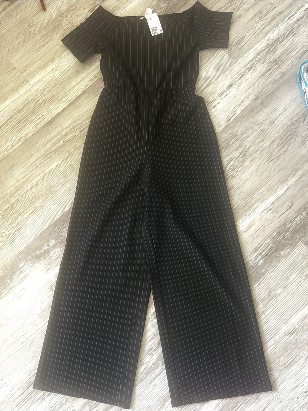 H&M Black Pinstripe Short Sleeve Wide-Leg Jumpsuit Medium NWT
